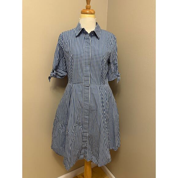 Calvin Klein 100% Cotton Blue Gingham Button Front Tie Detail Sleeve Dress Sz 10 - Picture 1 of 8
